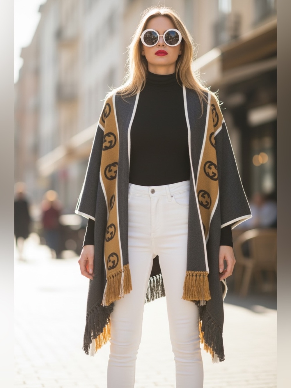 Gucci Slate & Camel Logo-Trim Open Front Poncho